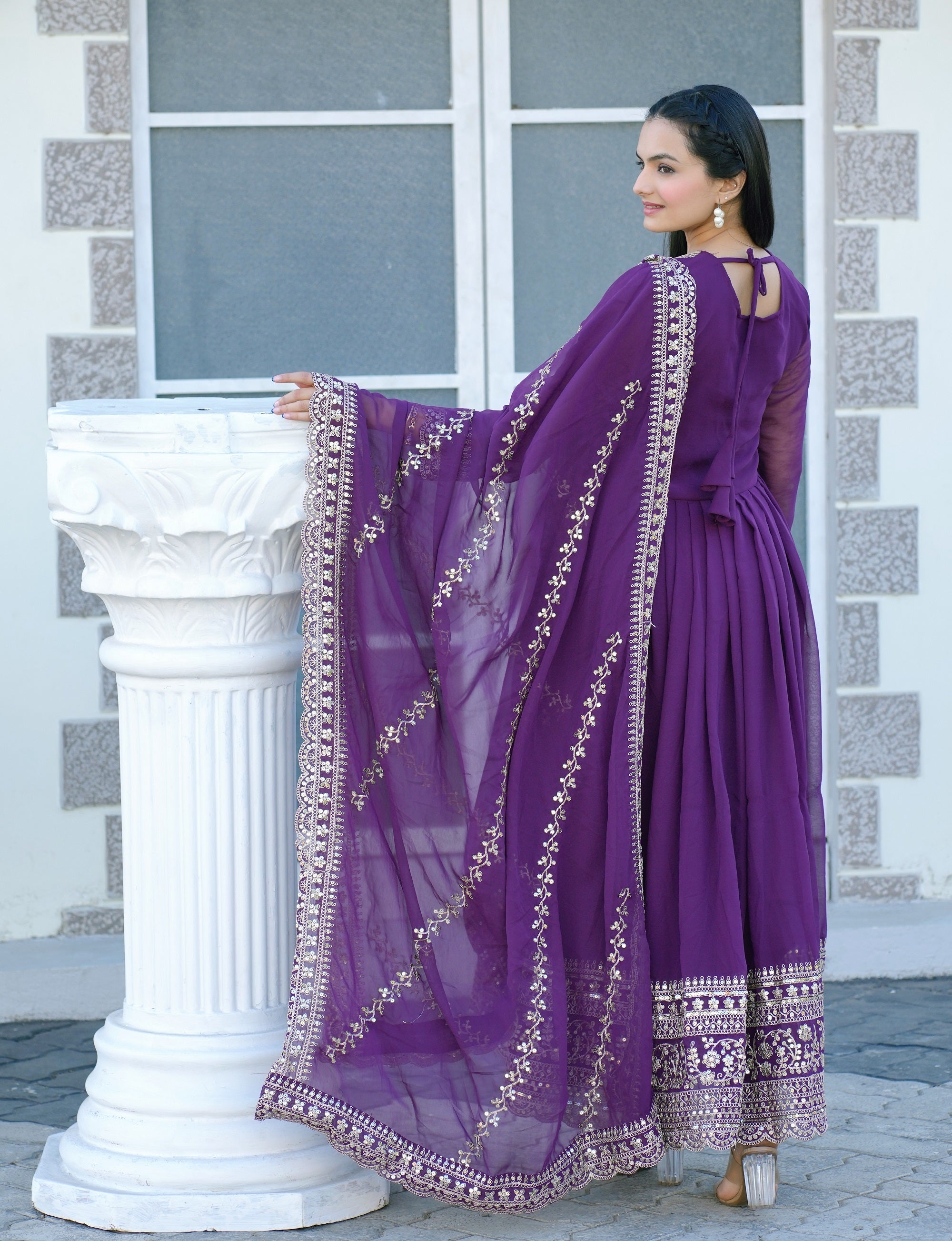 Teeya Creation Purple Color Georgette Silk Heavy Embroidery Work Fully Stitched Gown Set - Distacart