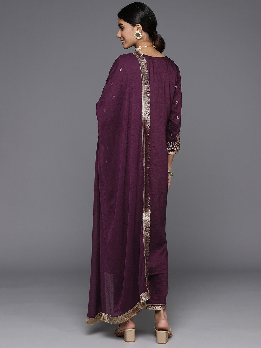 Varanga Women Burgundy Embroidered Kurta Paired With Tonal Bottom And Dupatta - Distacart
