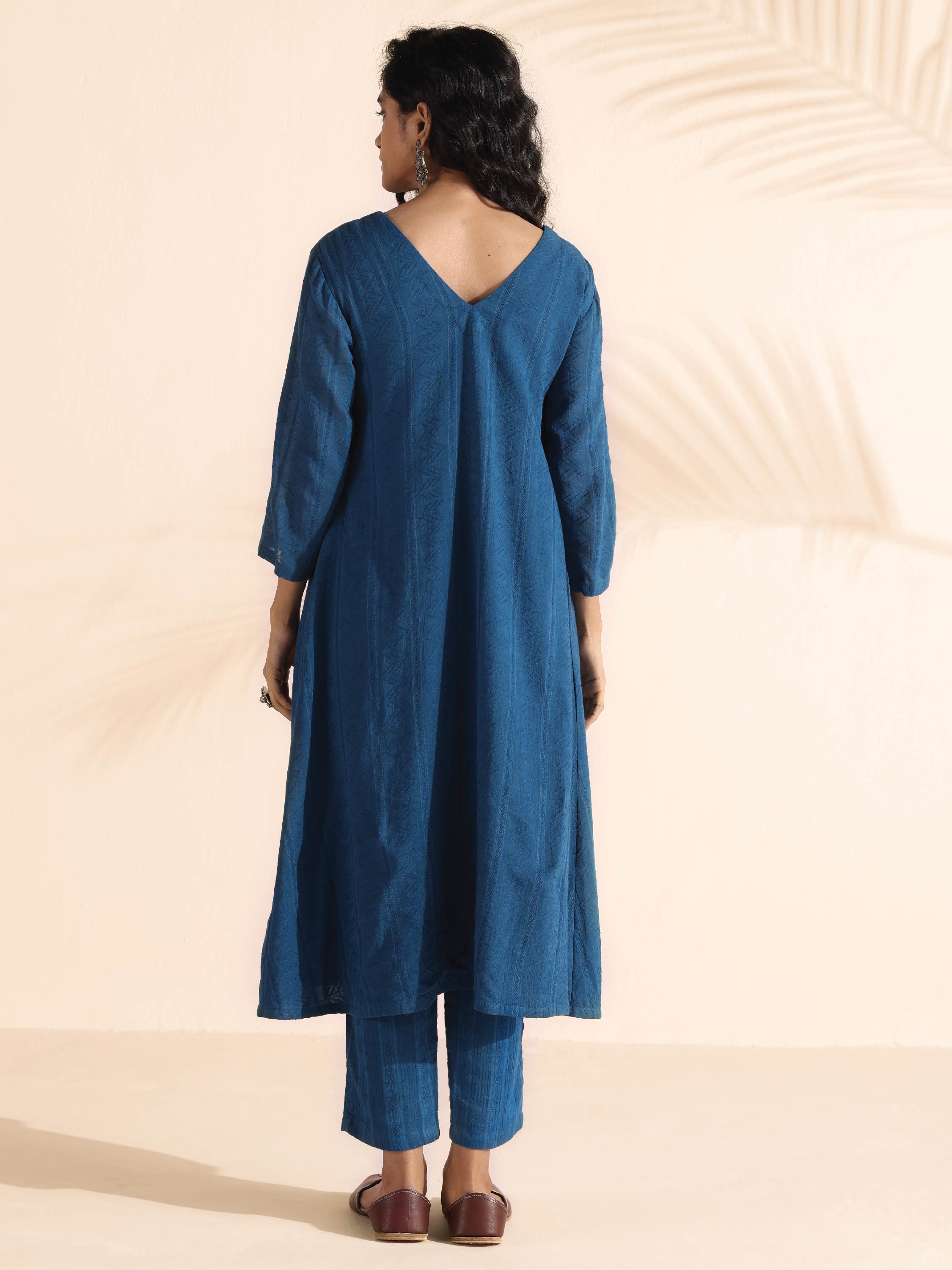 trueBrowns Blue Cotton Dobby Flared Kurta Pant Set - Distacart