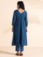 Thumbnail for trueBrowns Blue Cotton Dobby Flared Kurta Pant Set - Distacart