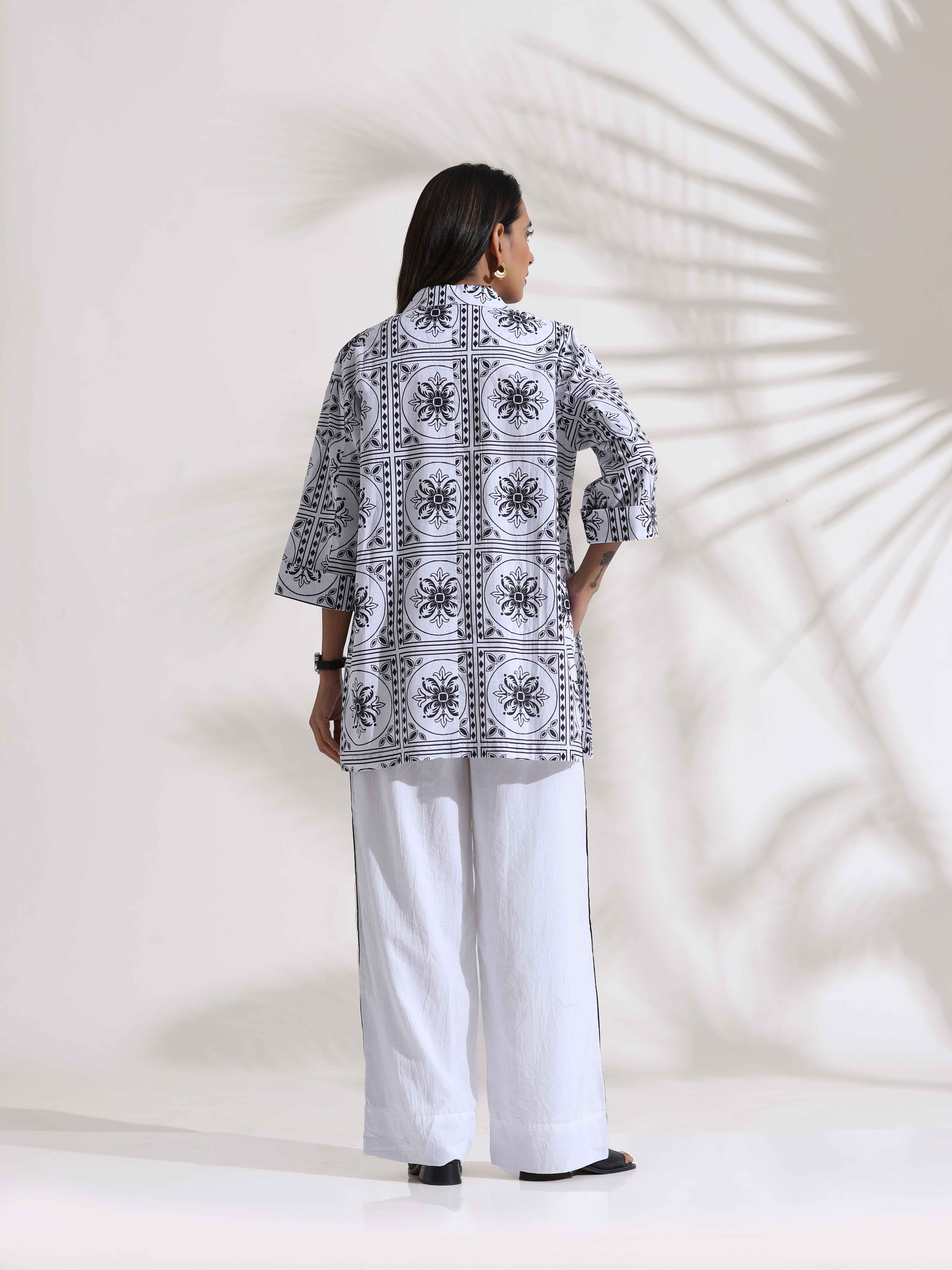 trueBrowns White Cotton Print Jacket Co-ord Set