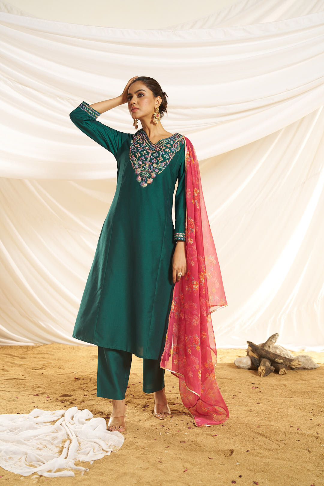 BulBul Women Green Embellished Premium Silk Straight Suit With Dupatta