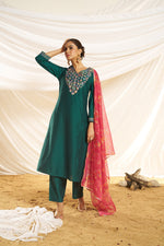 Thumbnail for BulBul Women Green Embellished Premium Silk Straight Suit With Dupatta
