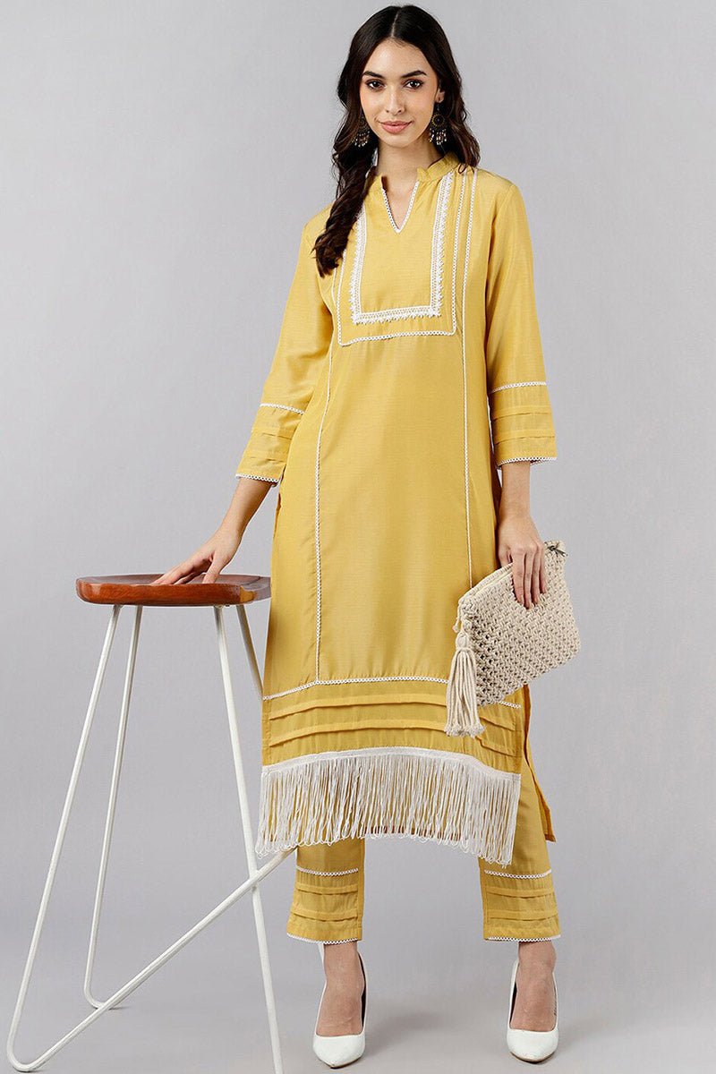 Ahika Yellow Poly Silk Solid Straight Kurta Set - Distacart
