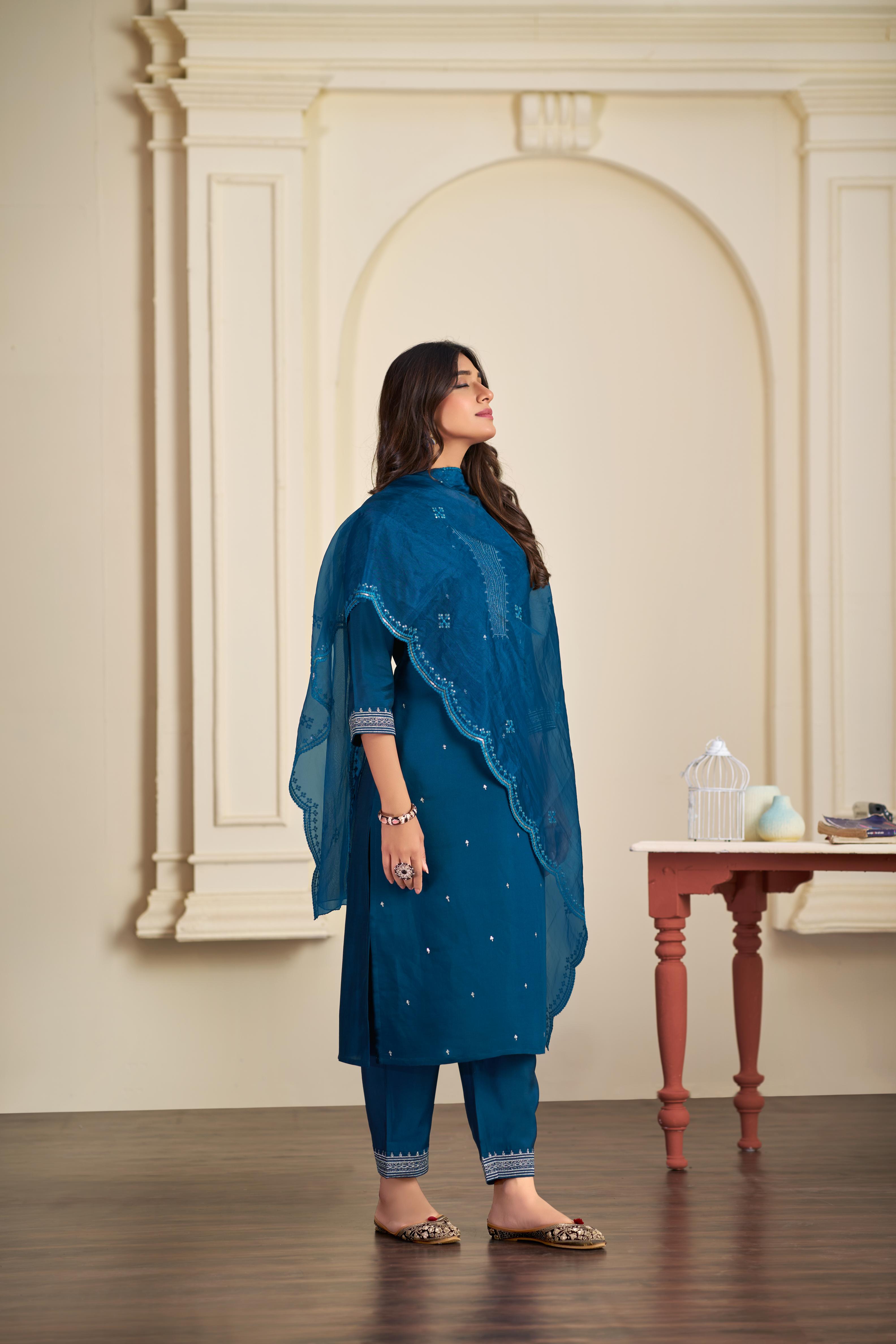 BulBul Ragini Solid Teal Roman Silk Salwar Suit