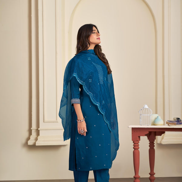 BulBul Ragini Solid Teal Roman Silk Salwar Suit