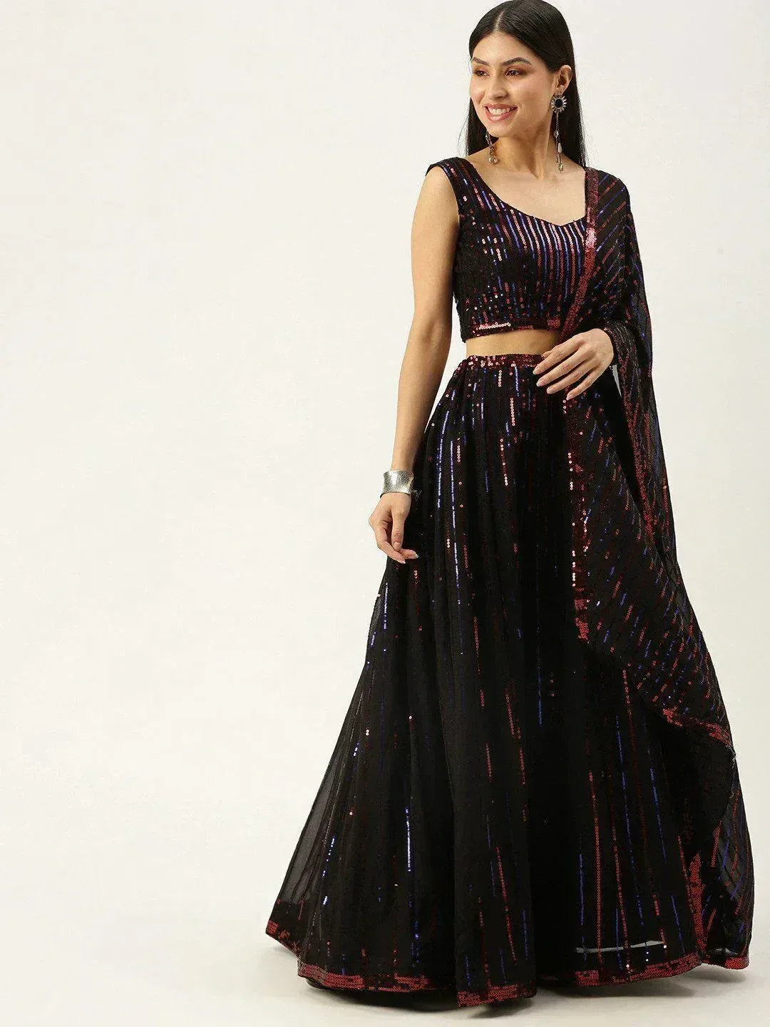 Tulsi Art Black Embellished Sequinned Semi-Stitched Myntra Lehenga & Unstitched Blouse With Dupatta - Dista