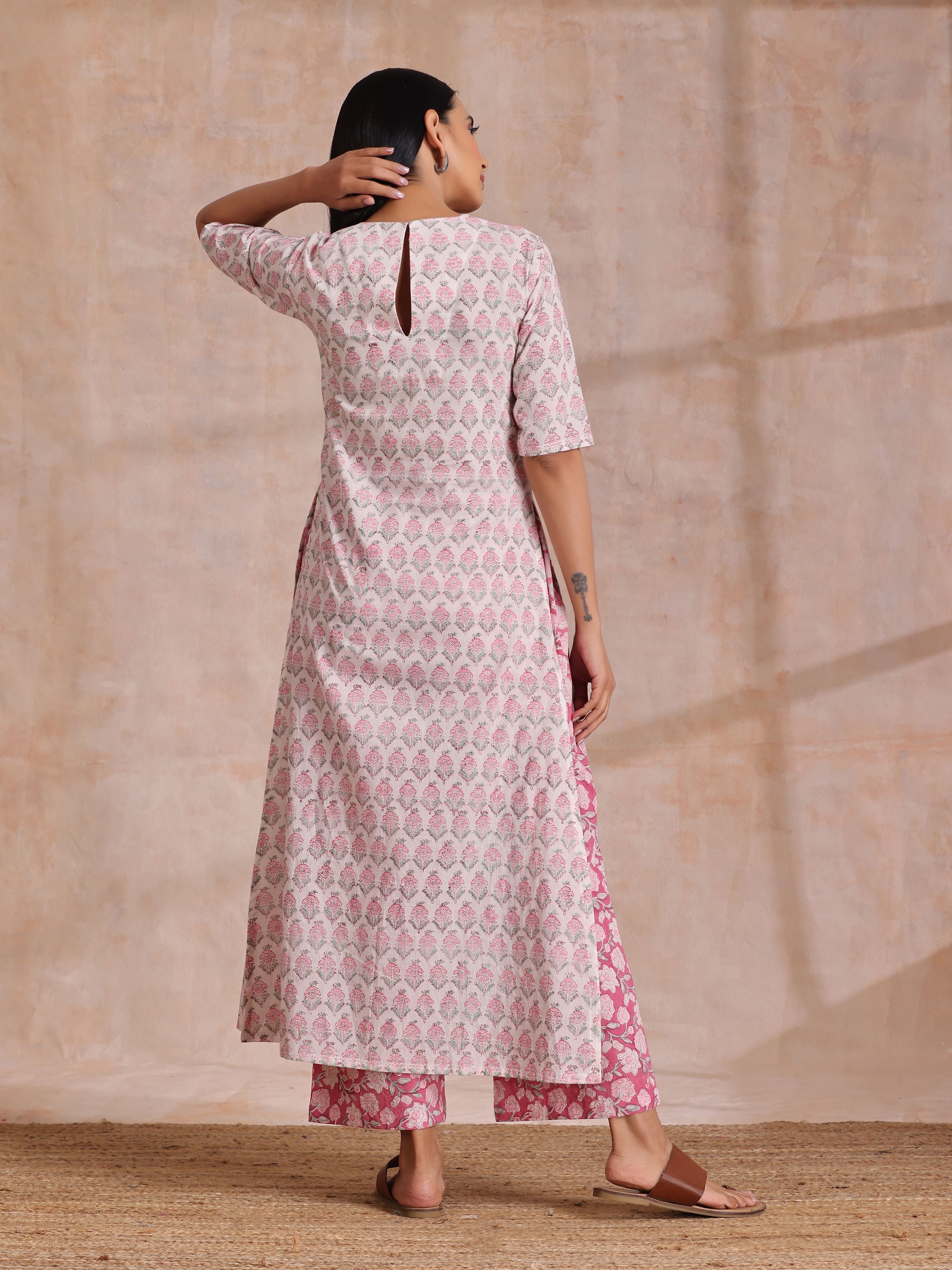 trueBrowns Pink Green Floral On White Block Print Cotton Slit Kurta Pant Set | Relove
