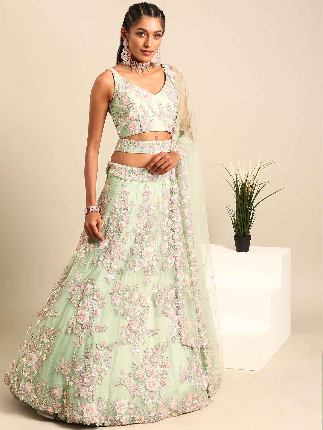 House of Panchhi Lime Green Net Sequins with heavy Zarkan embroidery Lehenga choli & Dupatta - Distacart