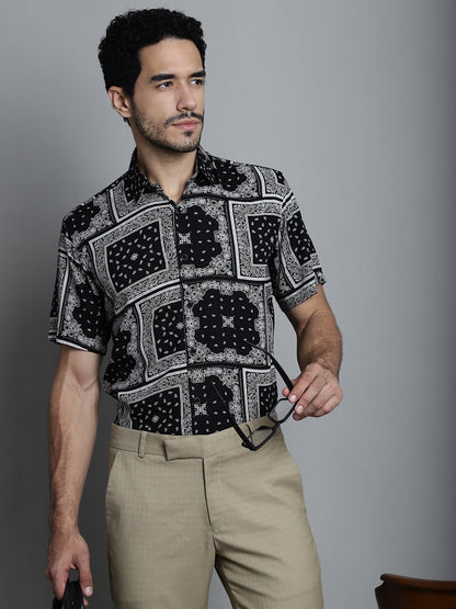 Jainish Men's Paisley Printed Formal Shirts - Black - Distacart
