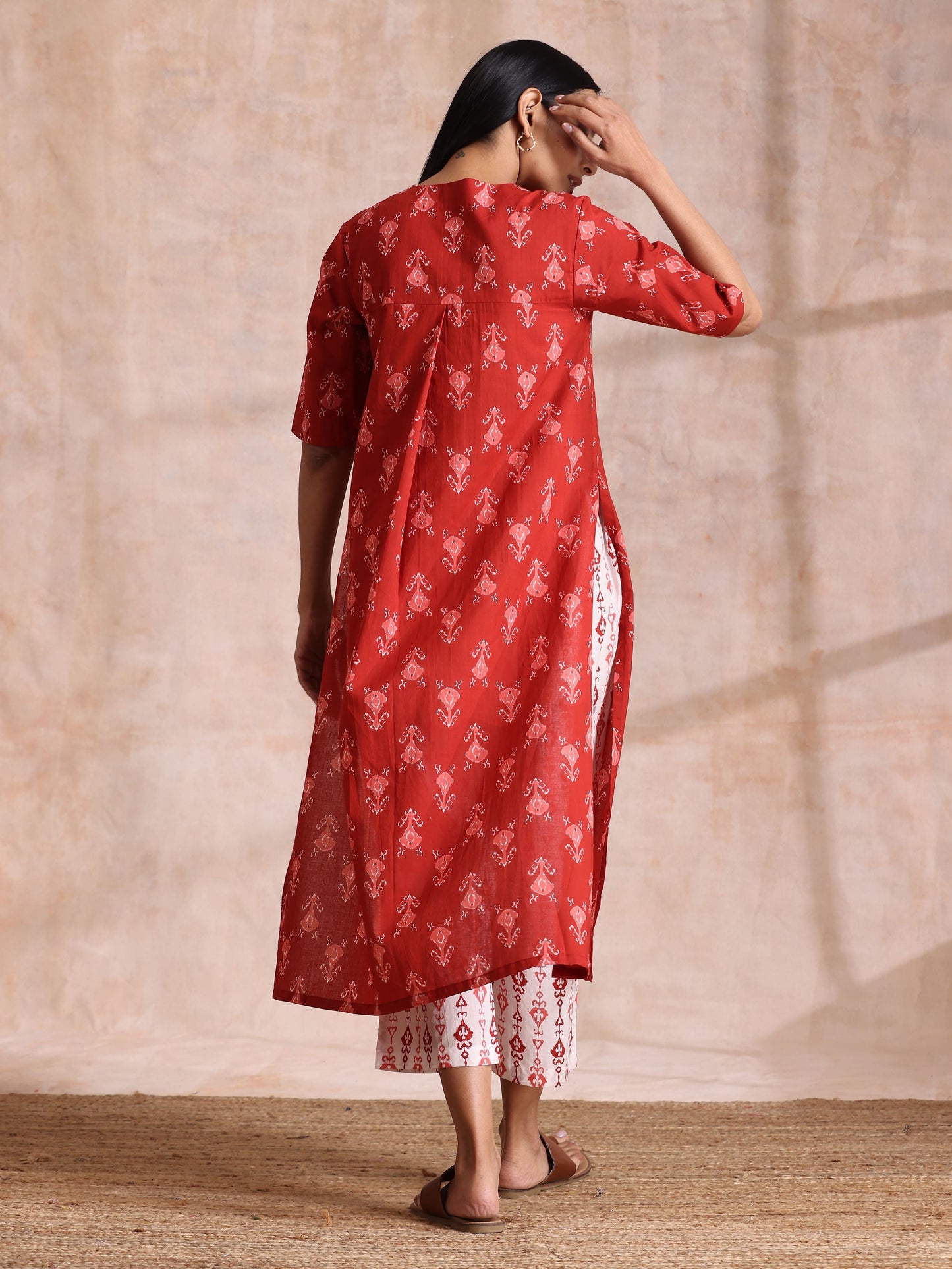 trueBrowns Red On Red Ikat Print Cotton Kurta Pant Set - Distacart