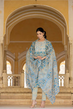 Thumbnail for Varanga Women Blue Round Neck Floral Printed Embroidered Kurta Paired With Bottom And Dupatta - Distacart