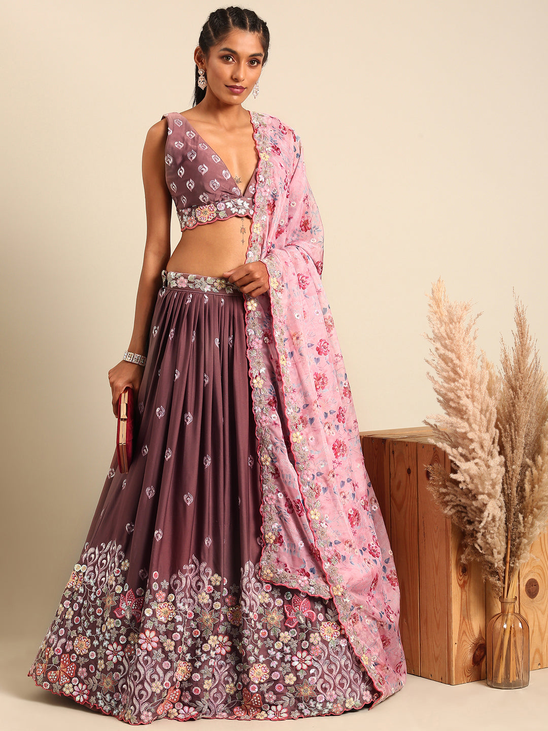 House of Panchhi Rose Gold Chinon Sequins Embroidery Lehenga Choli & Dupatta - Distacart