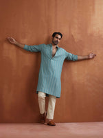 Thumbnail for trueBrowns Men's Green Textured Cotton Dobby Kurta