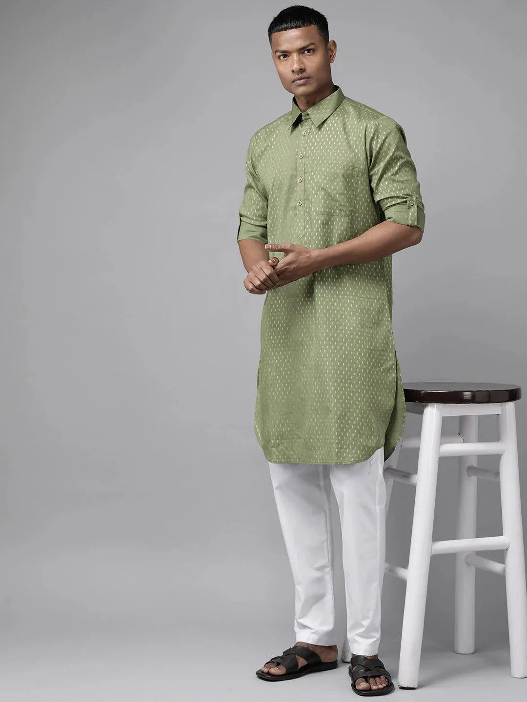 Fabmade Pure Cotton Olive Green Printed Pathani Kurta - Distacart