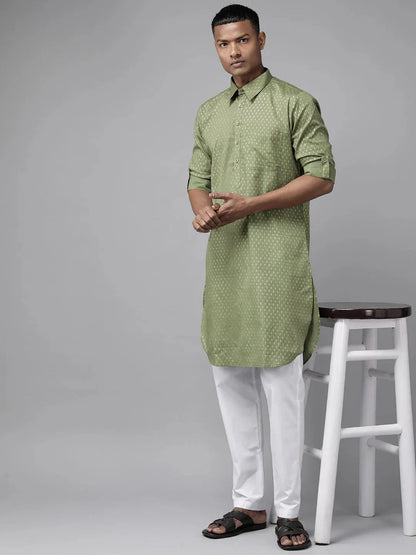 Fabmade Pure Cotton Olive Green Printed Pathani Kurta - Distacart