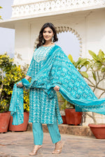 Thumbnail for Varanga Women Blue Printed Round Neck Yoke Embroidered Kurta Paired With Bottom And Dupatta - Distacart