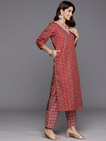 Thumbnail for Varanga Women Red Printed V-Neck Embroidered Kurta With Bottom And Dupatta - Distacart