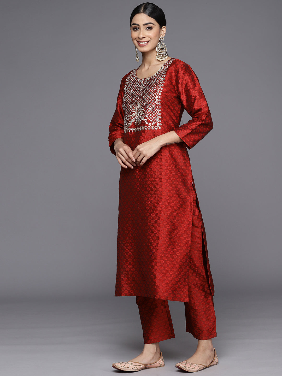 Varanga Women Round Neck Yoke Embroidered Straight Kurta Paired With Tonal Bottom And Printed Dupatta - Distacart