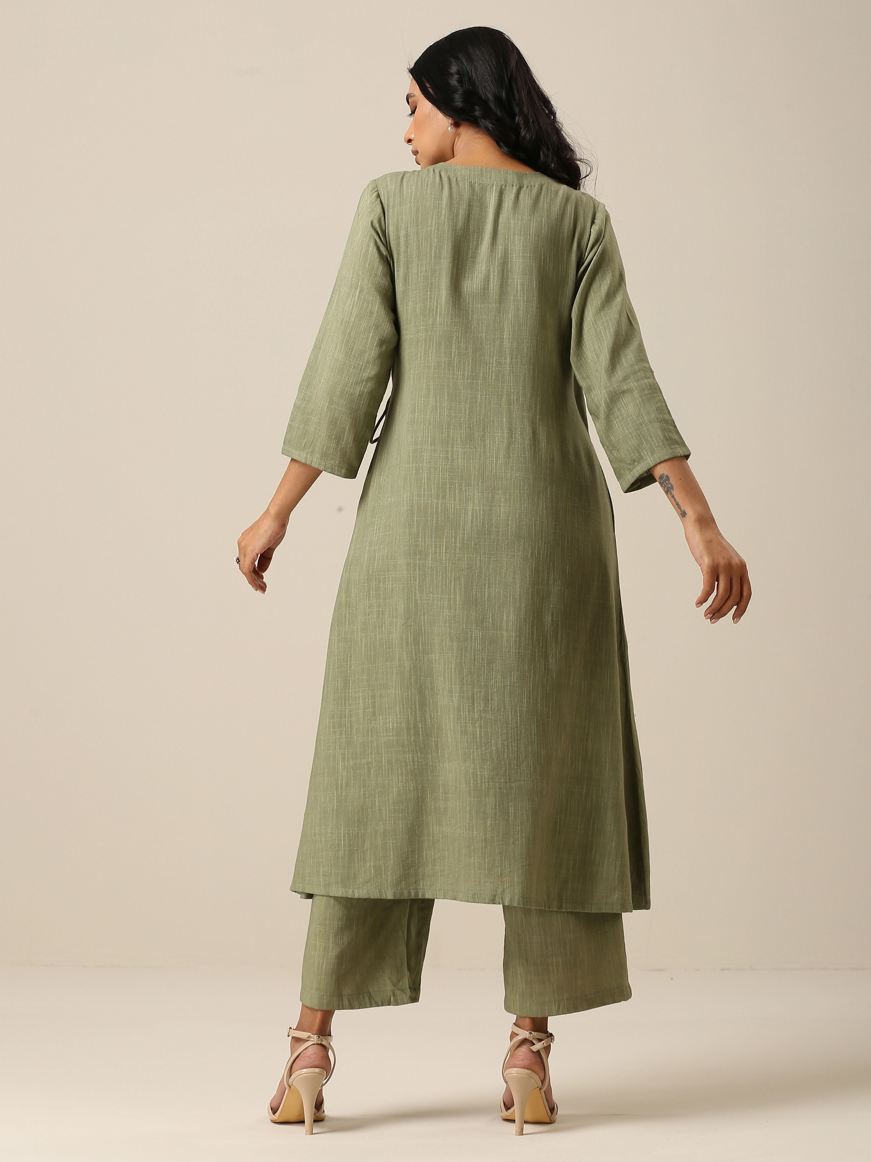 trueBrowns Sage Slub Texture Angrakha Pant Set | Relove