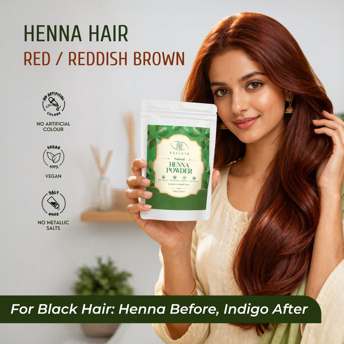 Velleja Herbal Henna Powder for Natural Hair Colour | Enriched with Amla, Bhringraj & Shikakai - Dista