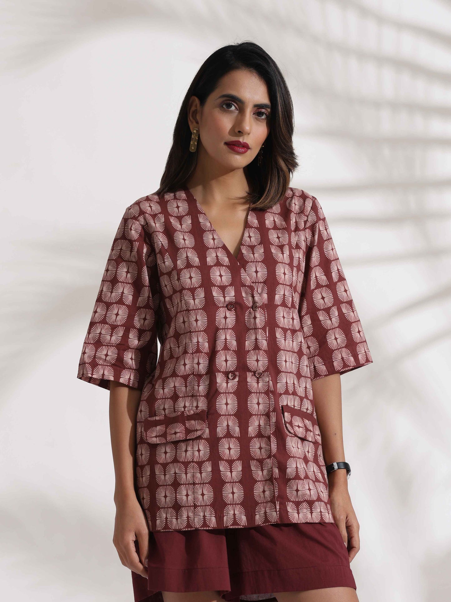 trueBrowns Brown Cotton Print Jacket Top & Short Co-ord Set - Distacart