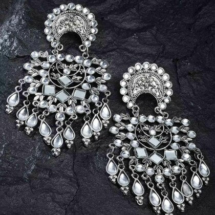 Tehzeeb Creations Women's Silver Colour Oxidised Earrings With Kundan - Distacart