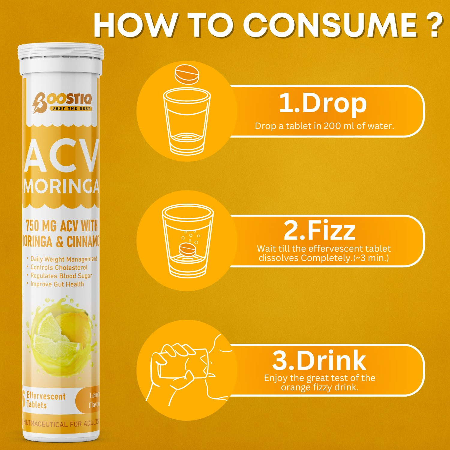 BOOSTIQ ACV Moringa & Cinnamon Effervescent Tablets - Lemon Flavour - Distacart