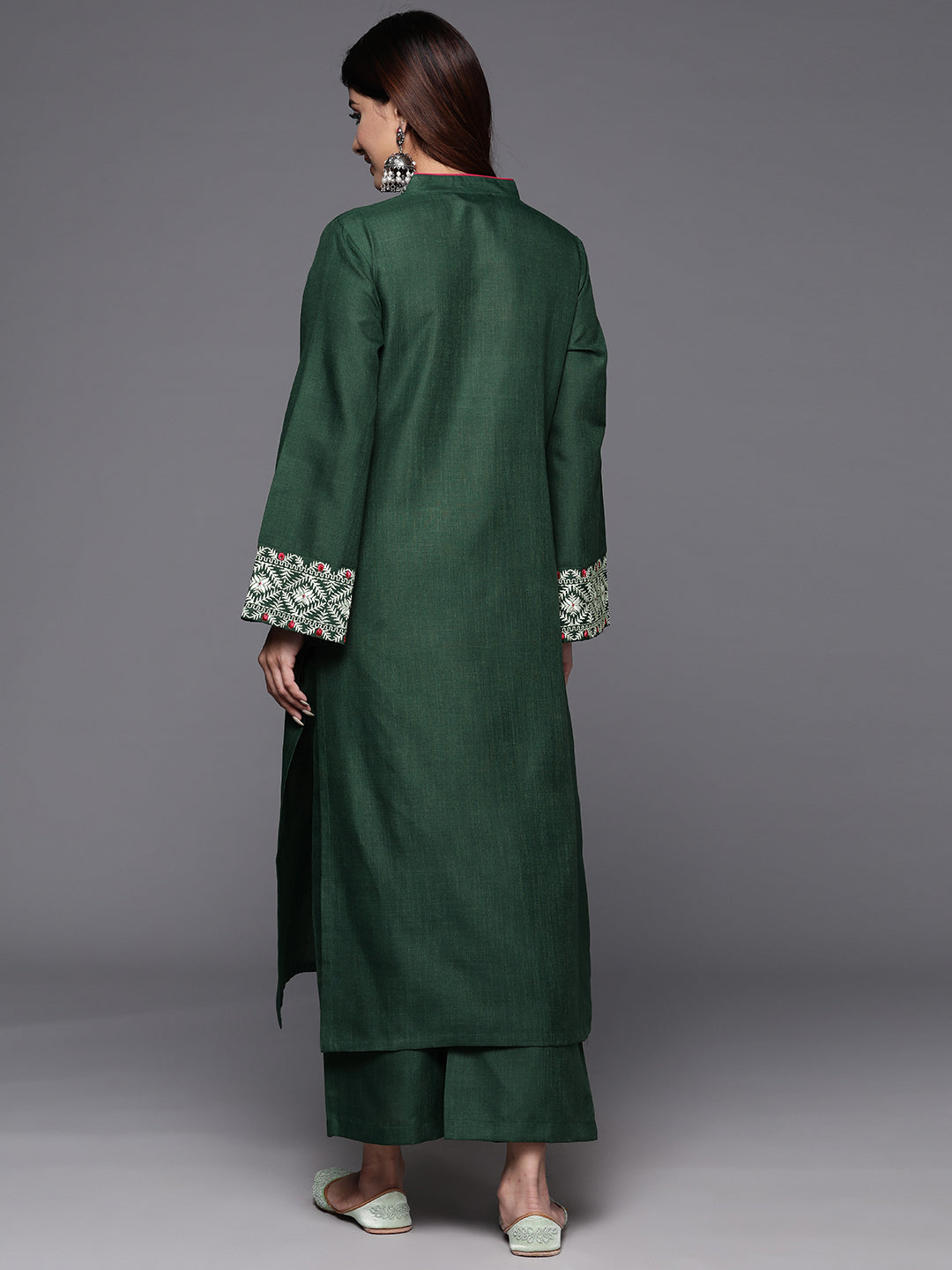Varanga Women Green Embroidered Long & Flared Sleeves Kurta With Tonal Bottom - Distacart