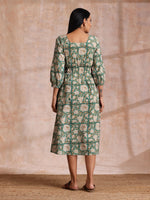 Thumbnail for trueBrowns Fern Green Overall Floral Block Print Cotton Square Neck Dress - Distacart