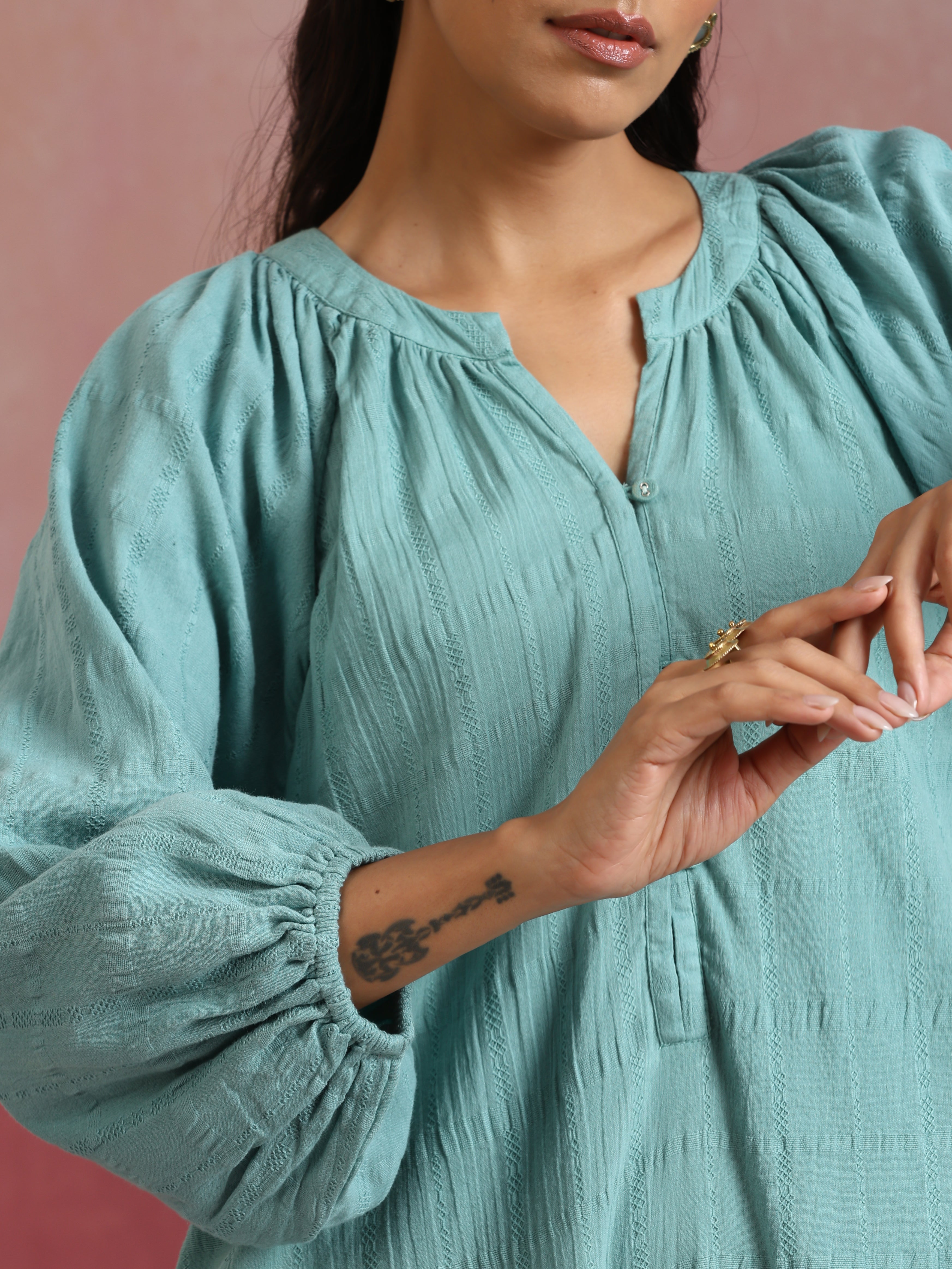 trueBrowns Aqua Blue Cotton Dobby Dress - Distacart