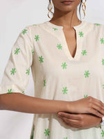 Thumbnail for trueBrowns Off-White Cotton Floral Embroidered Straight Kurta Set