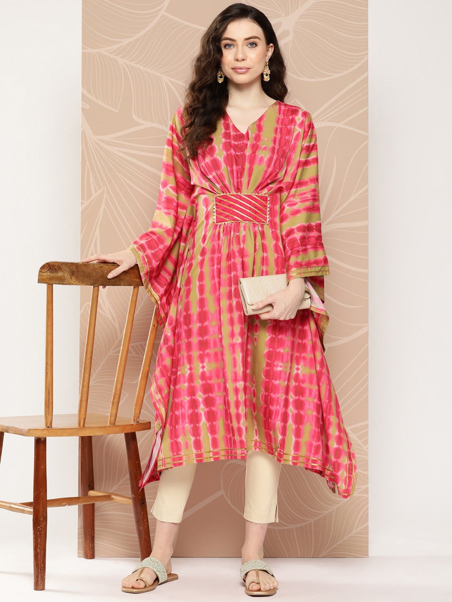 Ahalyaa Women Printed Flared Sleeves Gotta Patti Belted Detail Crepe Kaftan Kurta - Distacart