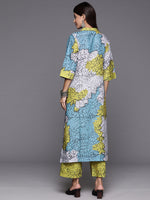 Thumbnail for Varanga Women Blue And Green Abstract Printed Shirt Collar, Straight Kurta With Side And Front Slits Paired With Printed Bottom - Distacart