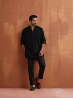 Thumbnail for trueBrowns Men's Black Textured Cotton Dobby Short Kurta