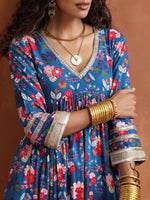 Thumbnail for trueBrowns Blue Print Flared Anarkali Kurta Set