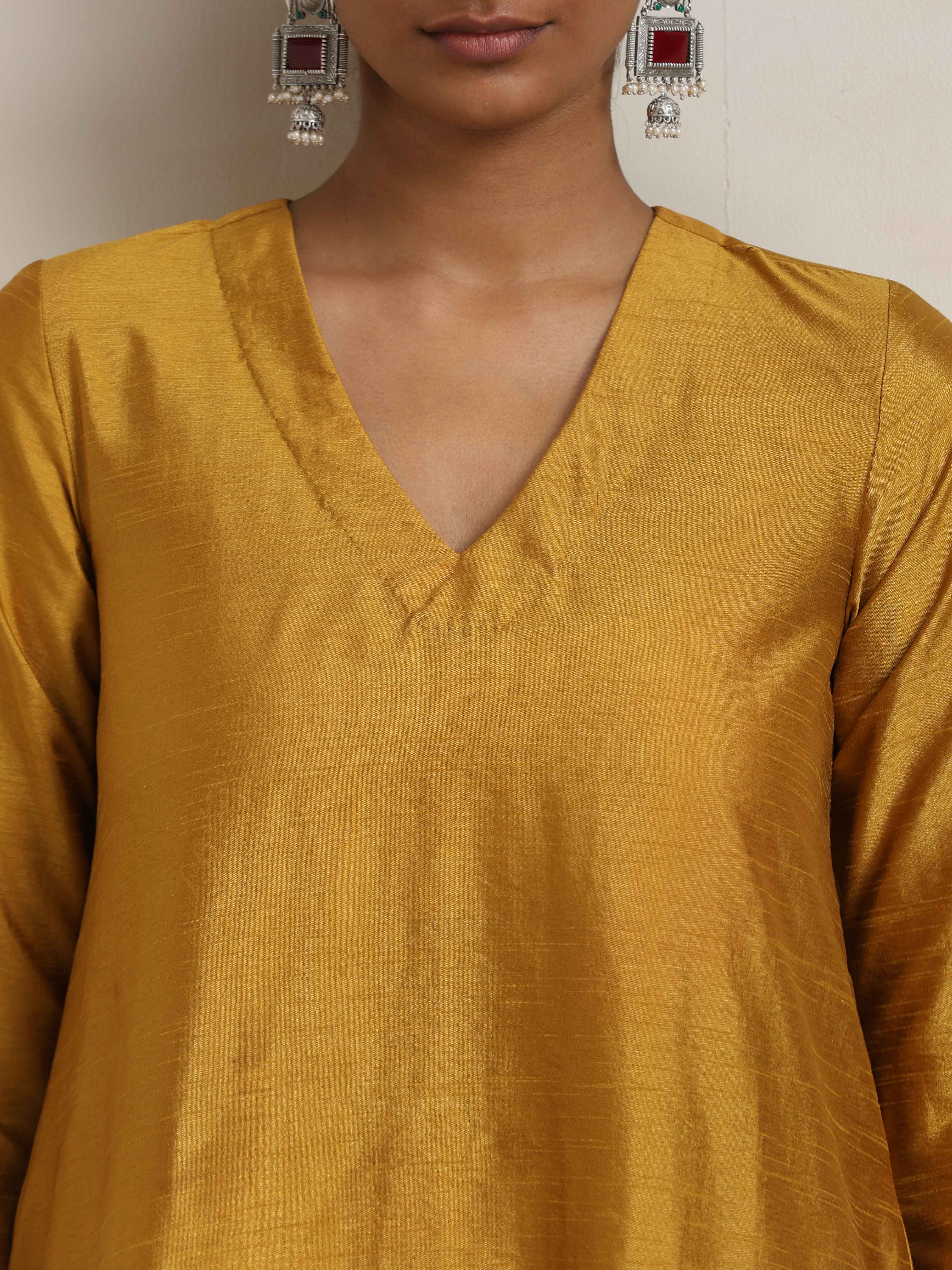trueBrowns Gold Brown Silk A-line Kurta Set - Distacart