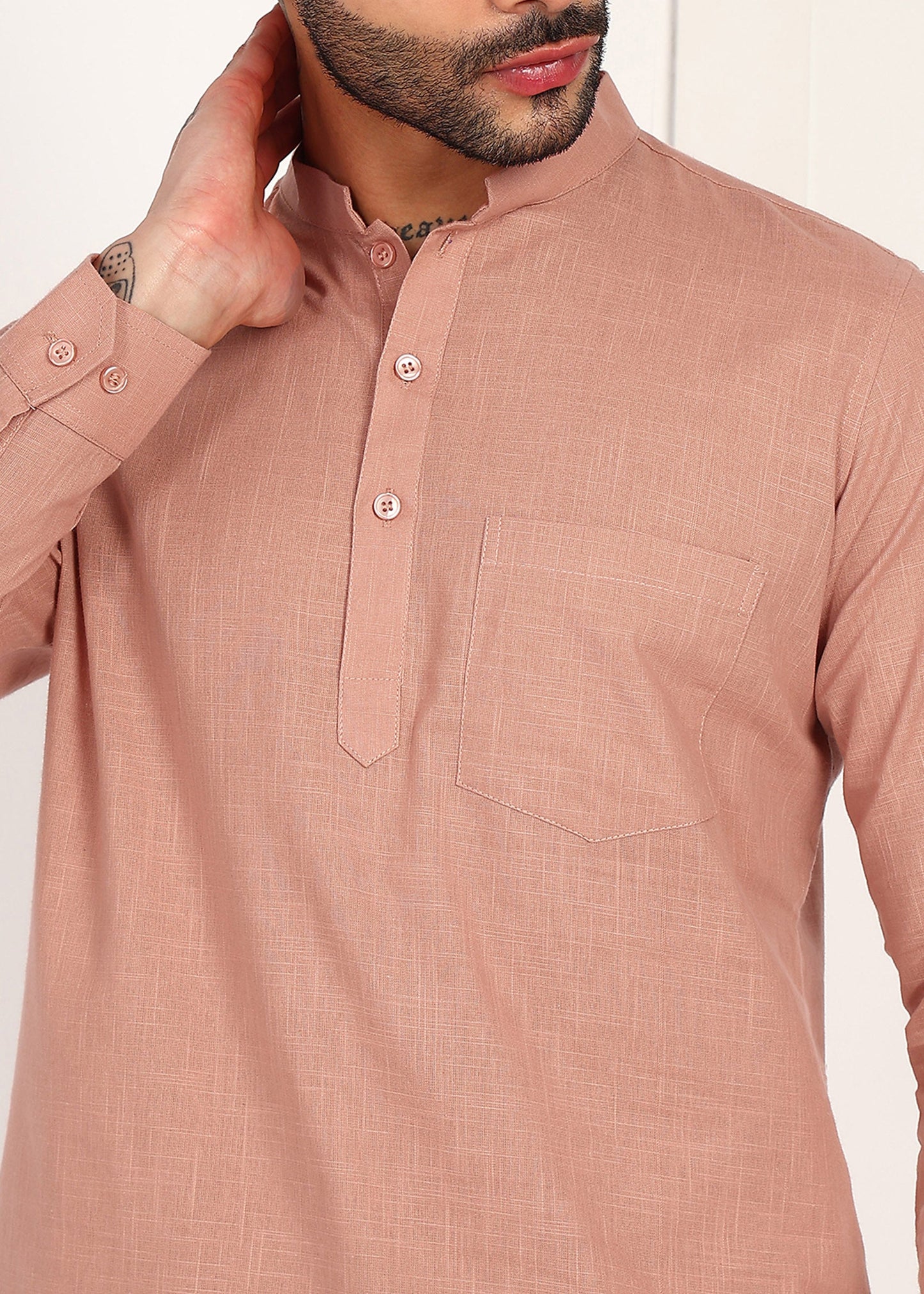 Fabmade Men’S Peach Linen Short Kurta Set - Distacart