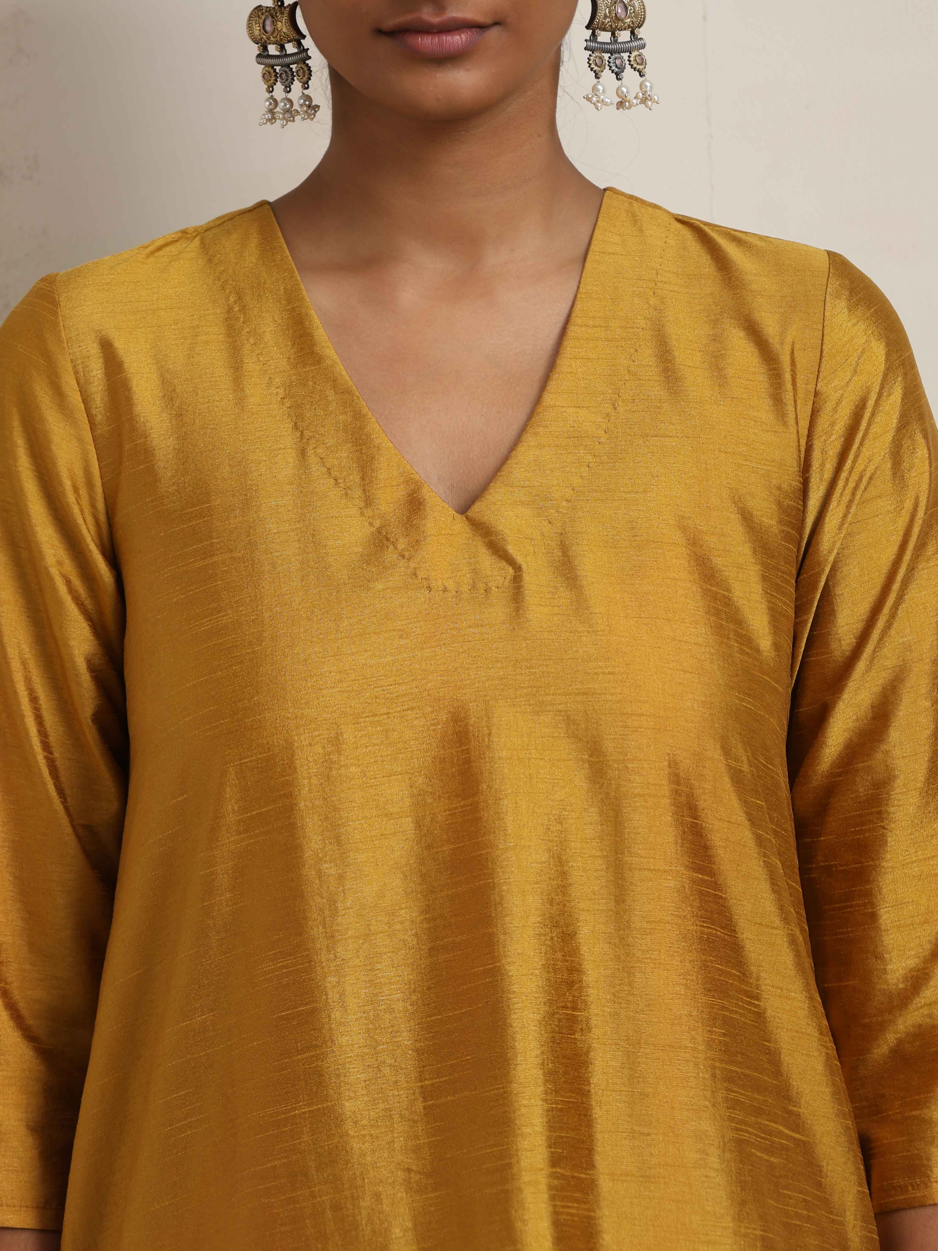 trueBrowns Gold Orange Silk A-line Kurta Set - Distacart