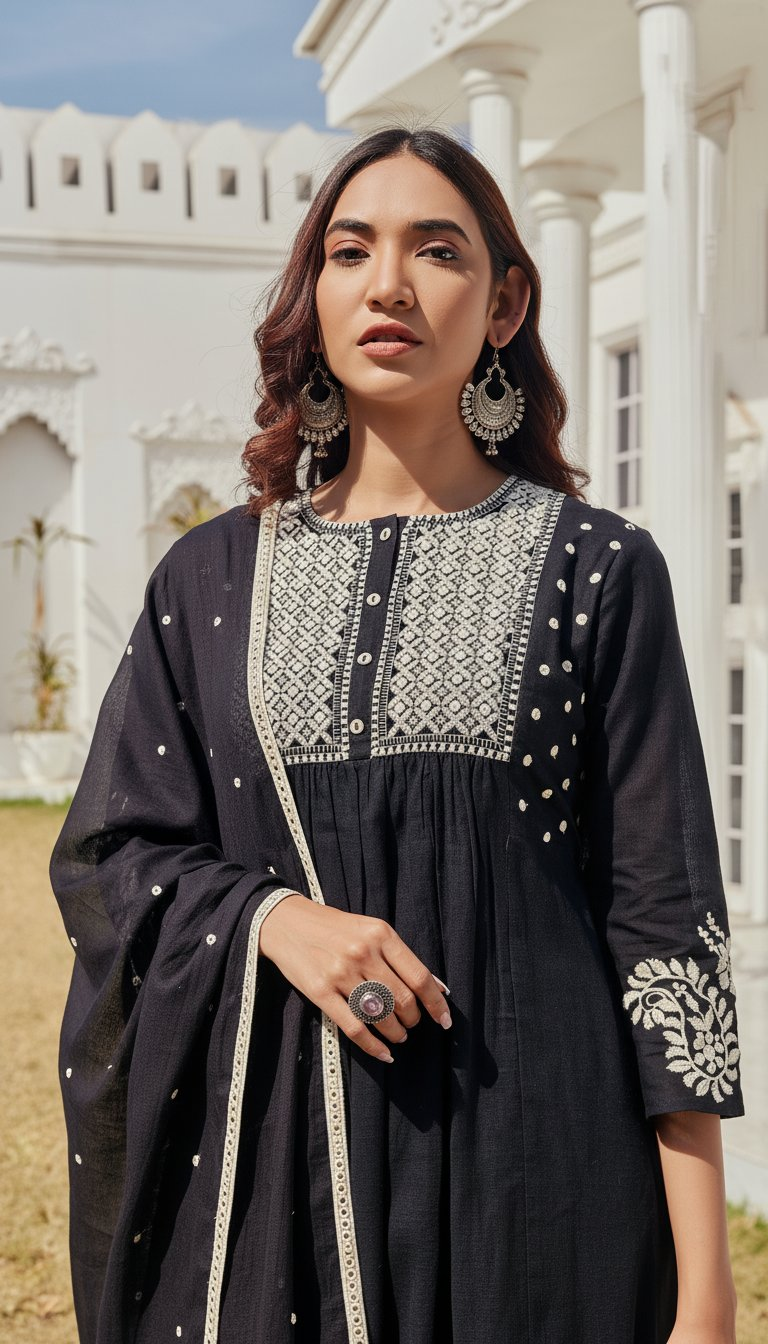 BulBul Abhilasha Cotton Black Kurta Set with Dupatta