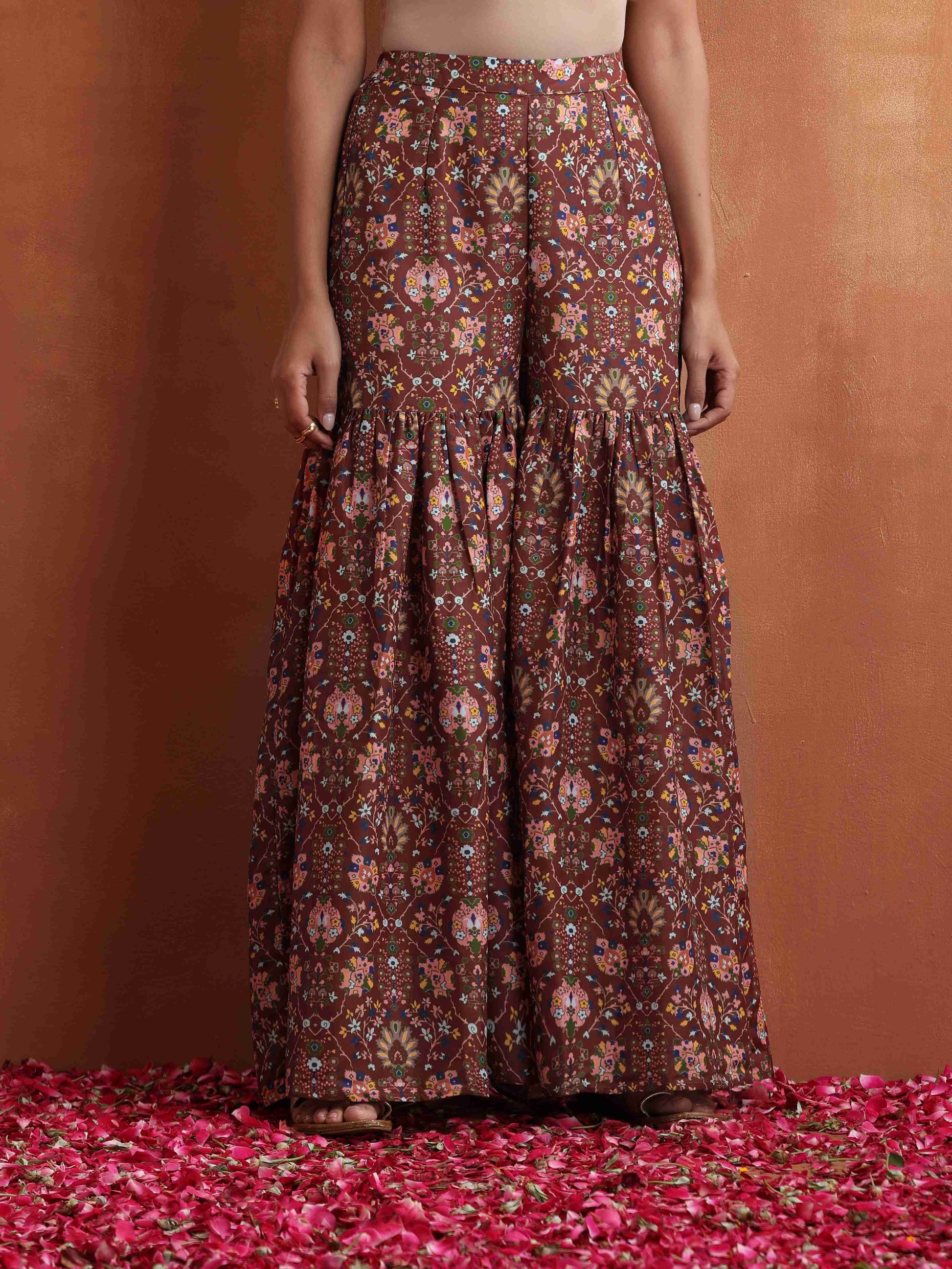 trueBrowns Brown Print Sharara Set - Distacart
