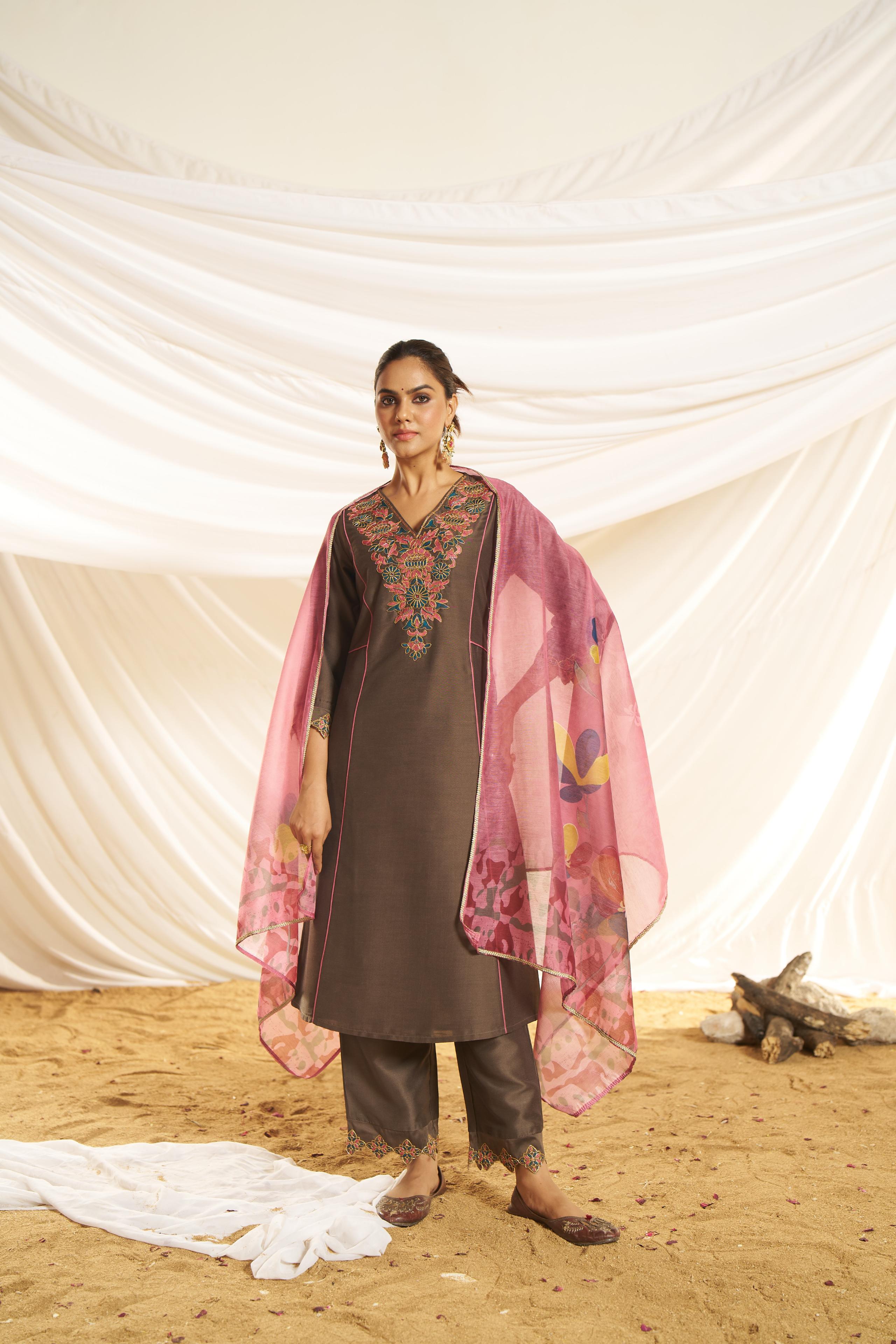 BulBul Women Brown Embroidered Premium Silk Straight-Shoulder Cut Suit With Dupatta