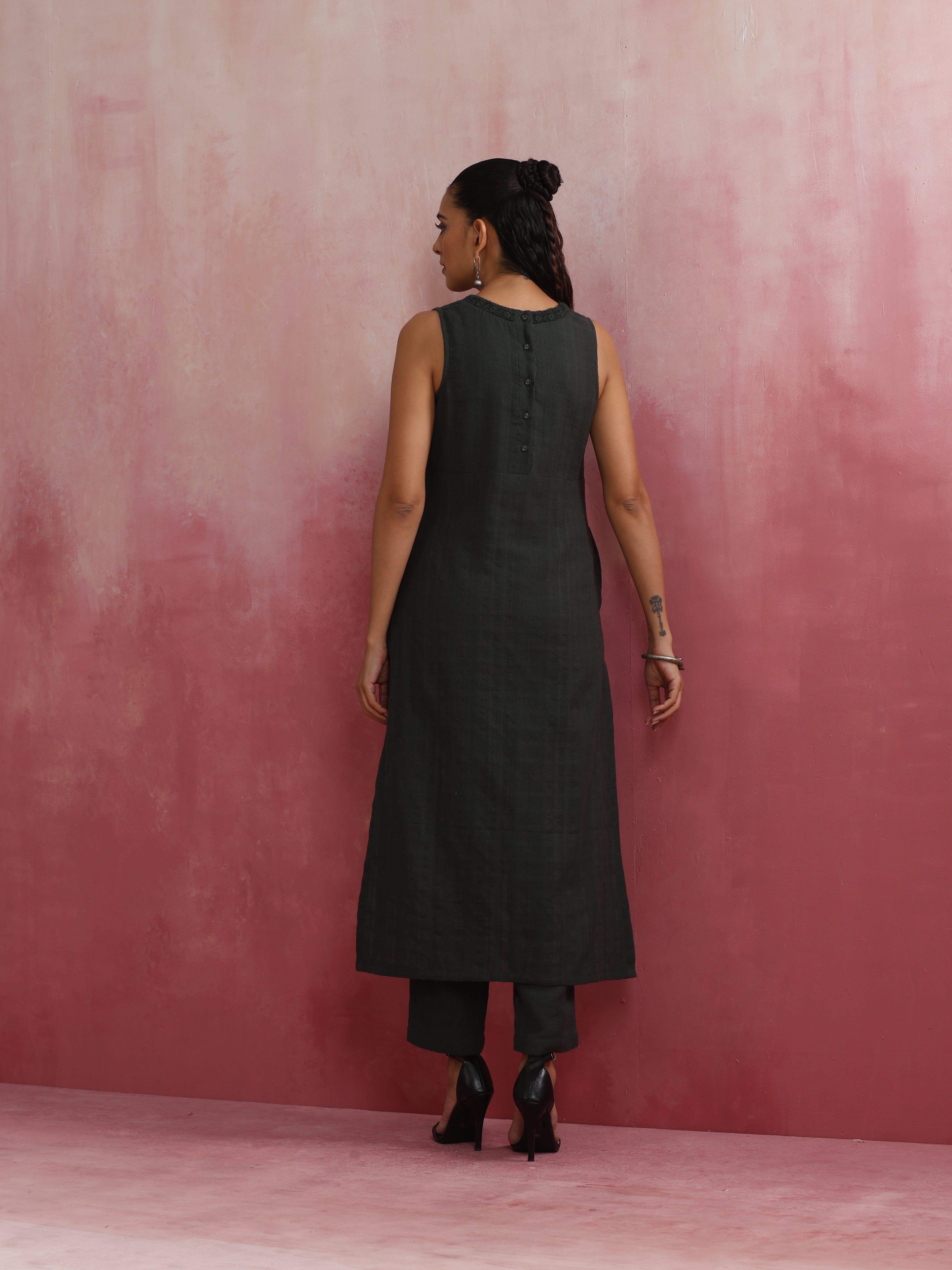 trueBrowns Dark Olive Green Cotton Dobby Kurta Set - Distacart