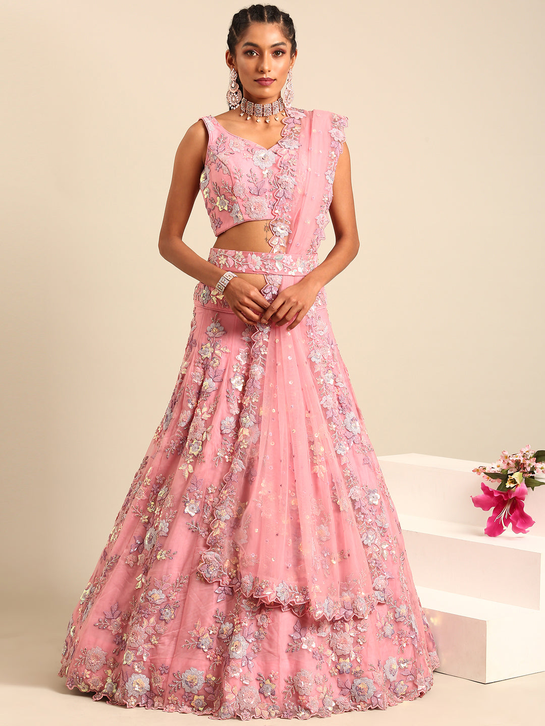 House of Panchhi PINK Net Sequins with heavy Zarkan embroidery Lehenga choli & Dupatta - Distacart