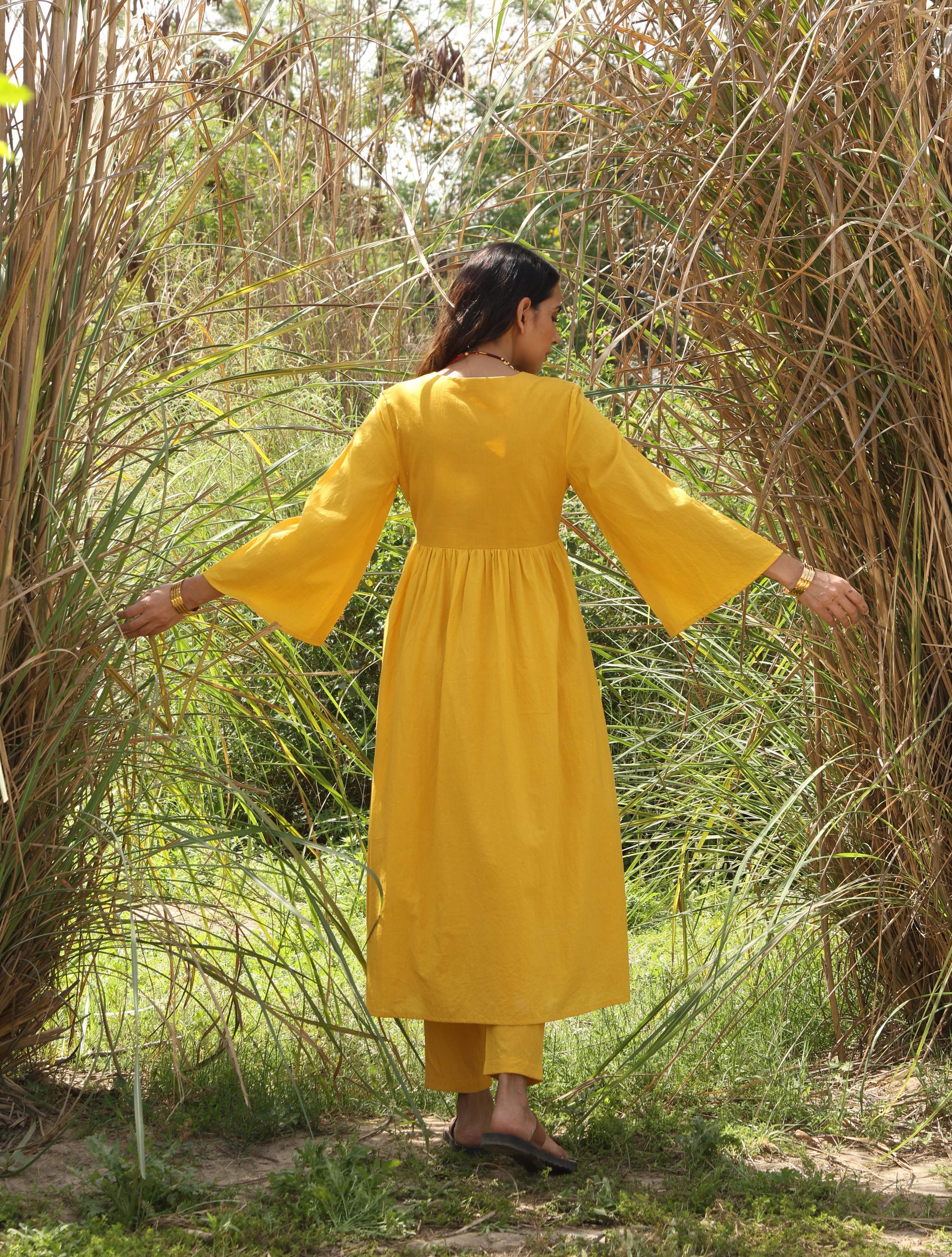 trueBrowns Mustard Cotton Embroidered Flared Kurta Set
