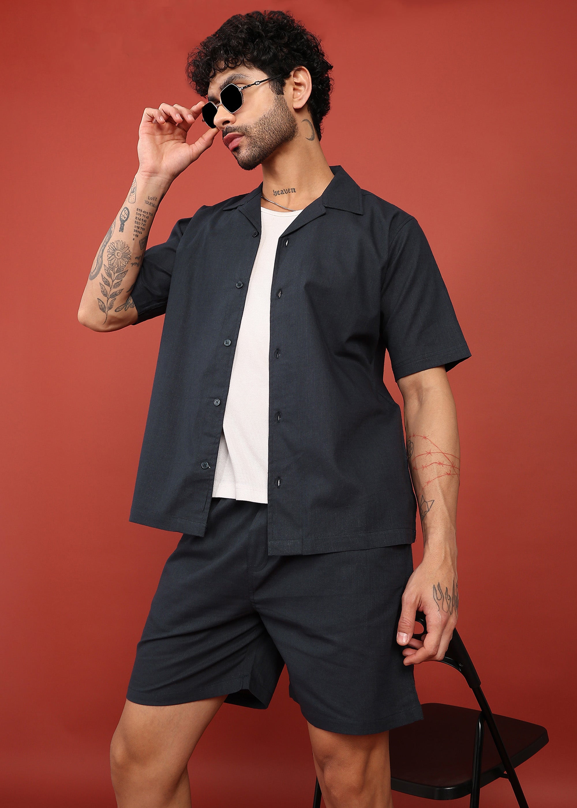 Fabmade Midnight Black Cuban Collar Co-Ord Set - Distacart