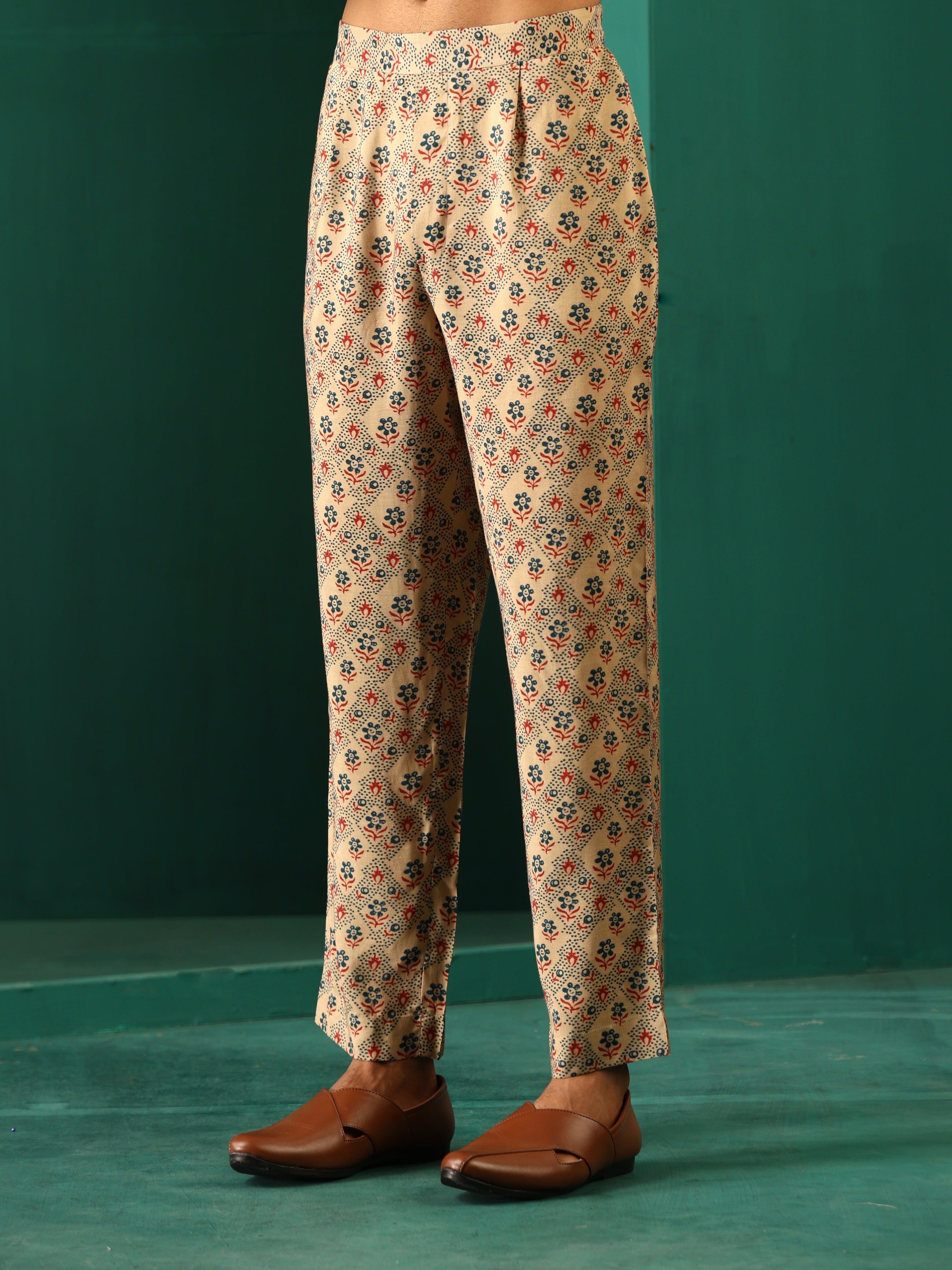 trueBrowns Men's Beige Geometric Muslin Silk Printed Co-ord Set - Distacart
