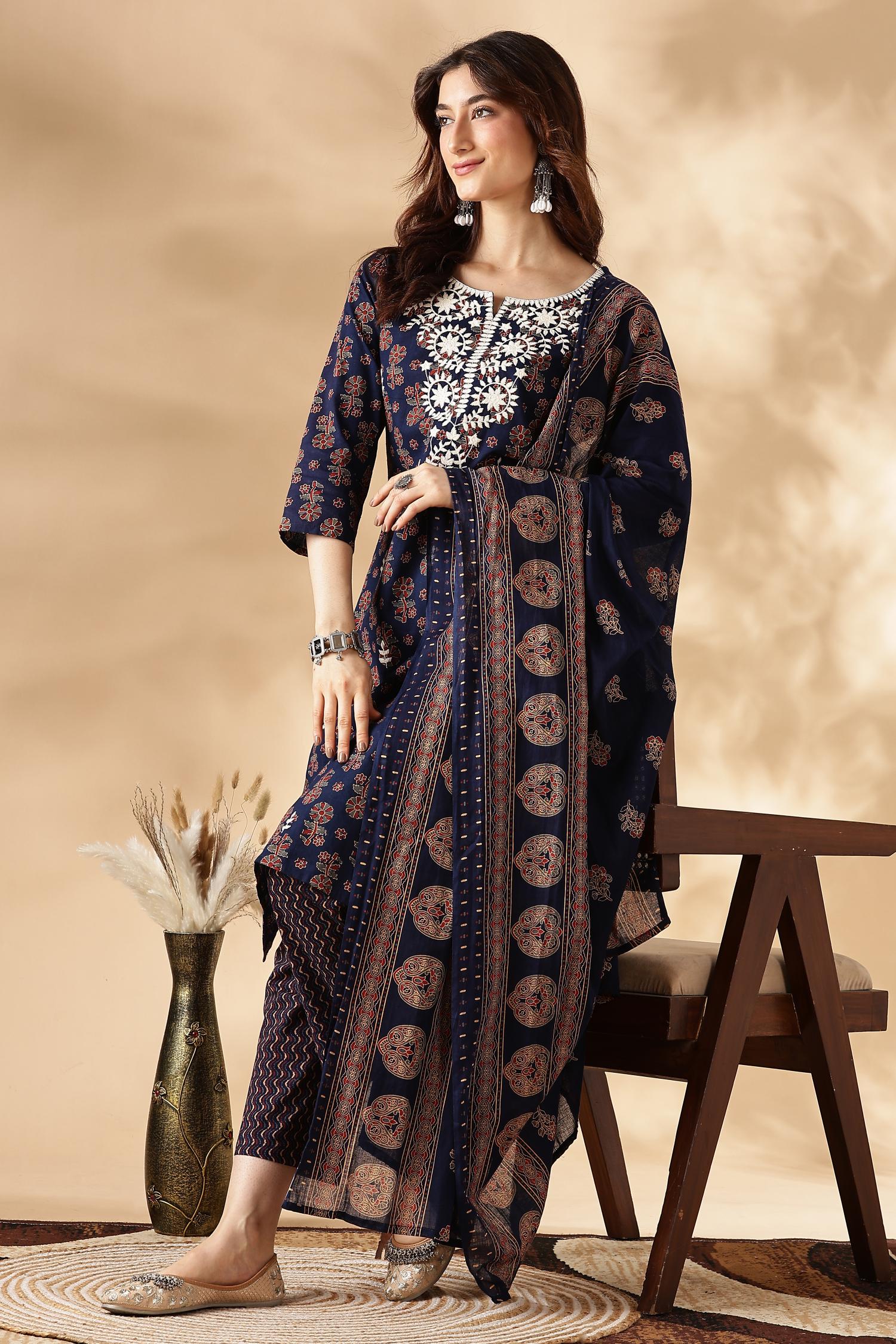 BulBul Navy Blue Cotton Kurta Set with Dupatta