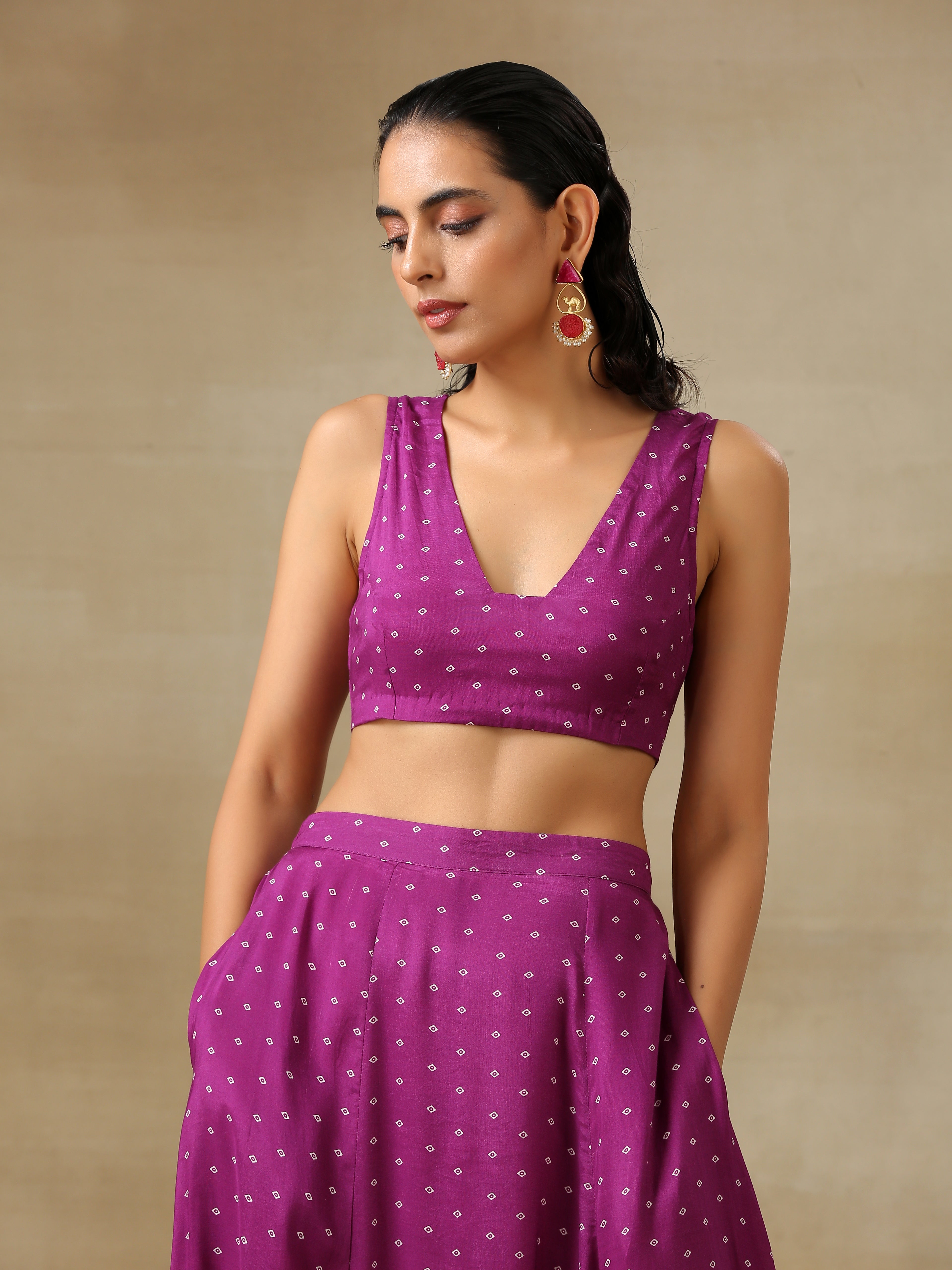 trueBrowns Purple Bandhani Printed Silk Top Skirt Jacket Set - Distacart