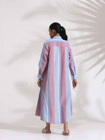 Thumbnail for trueBrowns Blue Cotton Stripe Flared Shirt Dress